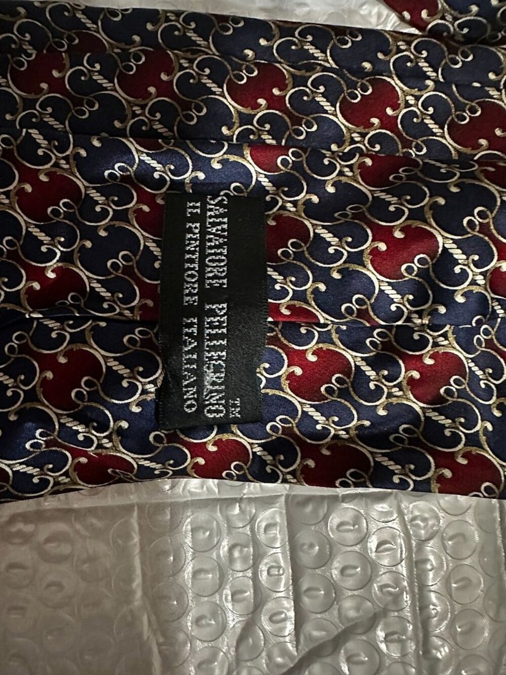 Salvatore Pellegrino Men's Tie, Navy Burgundy Scroll Rope Pattern Silver/Gold